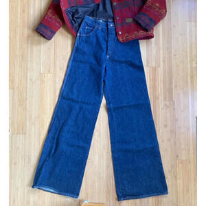 70s Souvenirs Pacific Blue Jeans High Rise Waist Bell Bottoms Buckle Back W 26.5